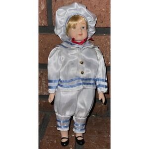 Vintage Porcelain Sailor Doll White Satin Blue Striped Nautical Suit Blonde Hair